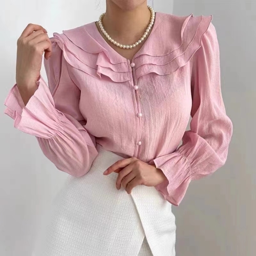 Korean spring and summer French gentle three-layer lotus leaf doll collar Tencel chiffon long-sleeved shirt for women