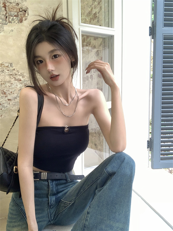 實拍 甜酷辣妹短款內搭春夏打底帶胸墊抹胸裹胸白色美背上衣