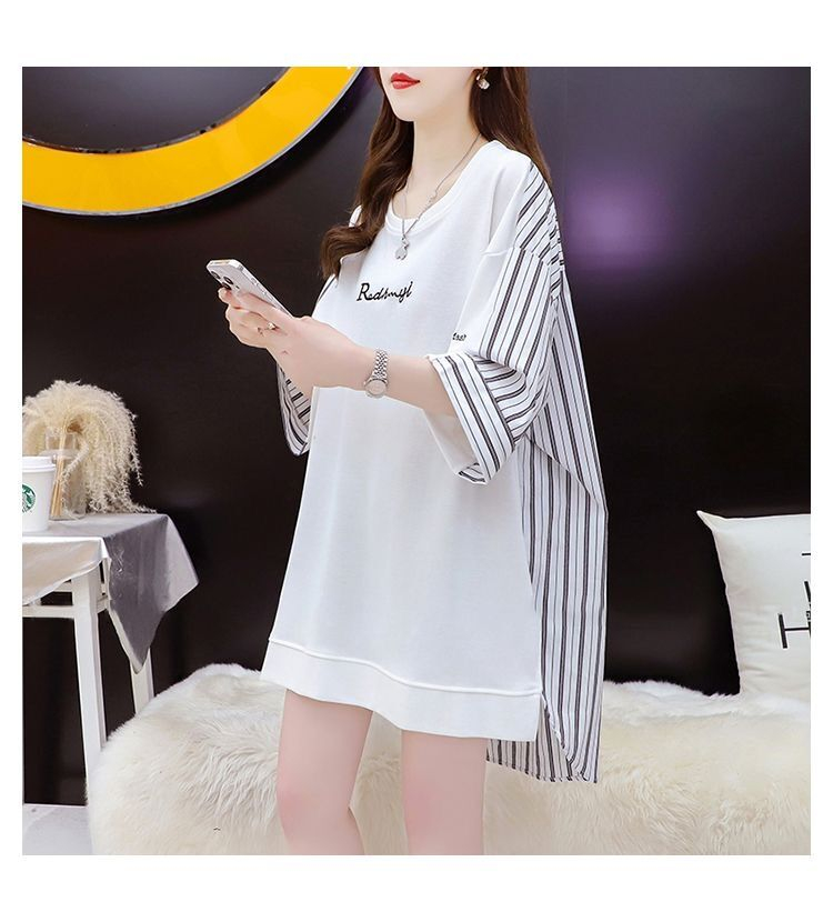質量/環定紡純棉/後包領/中長款條紋拼接短袖T恤女