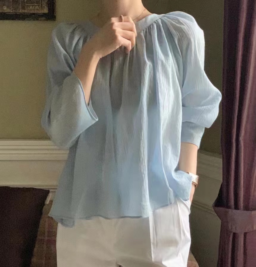 chic French style lazy style slightly sheer pleated textured loose slimming mid-length shirt top three colors