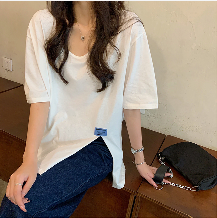 實拍夏季新款大碼女裝圓領純色開叉寬鬆純棉短袖T恤 M-4XL200斤