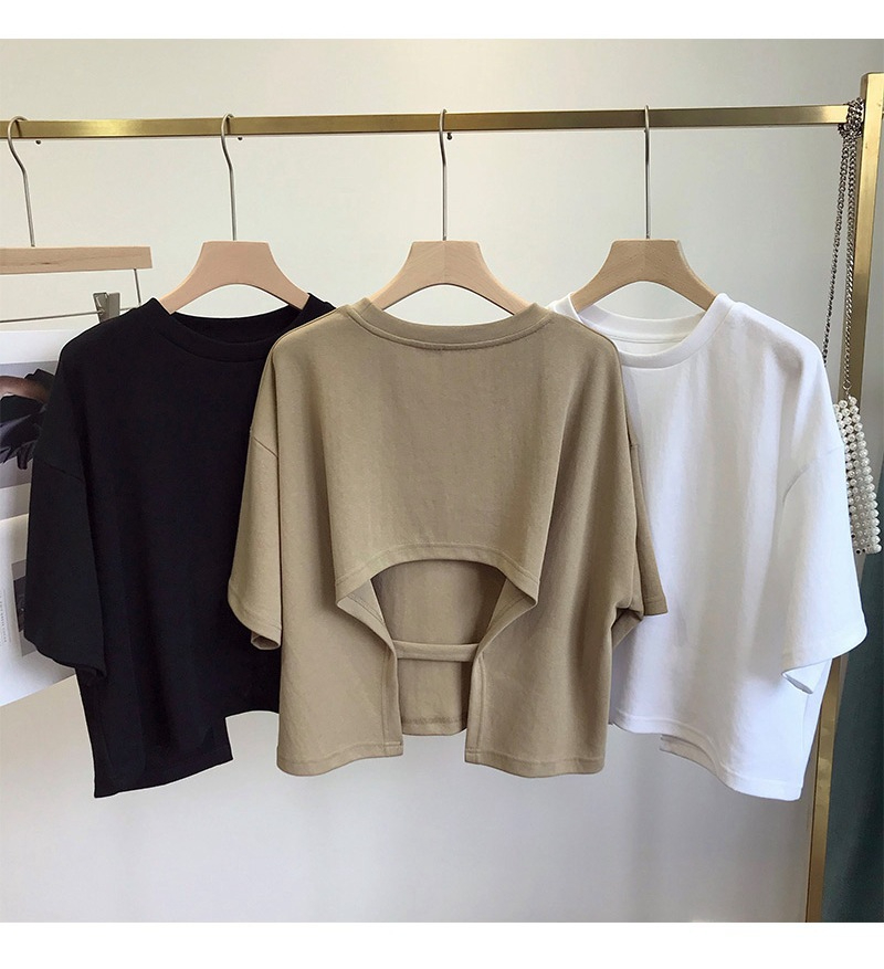 Backless short T-shirt for women hot girl style Korean style summer round neck loose short-sleeved top for women trendy