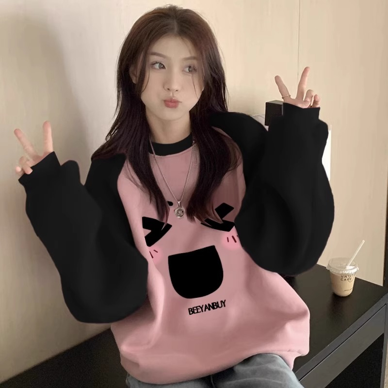 Original workmanship Korean style pink sweet raglan sleeve sweatshirt for women spring cute age reduction holiday two-piece color matching top