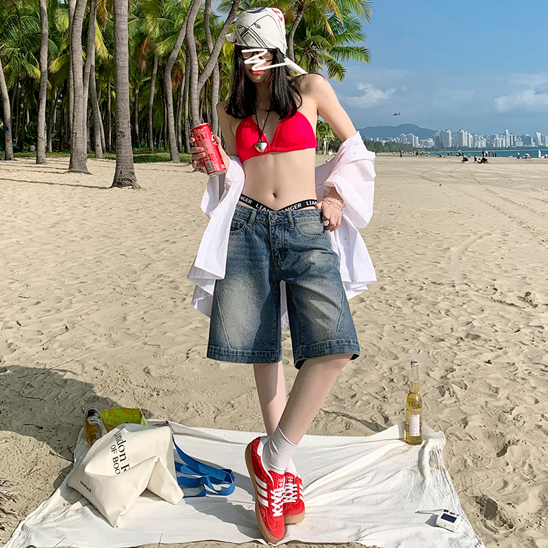 實拍 夏日海邊穿搭｜復古五分牛仔短褲寬鬆低腰立裁分割直筒褲
