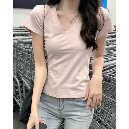 Real shot of solid color V-neck basic t-shirt spring and summer thin bamboo cotton loose right shoulder clavicle short top for women