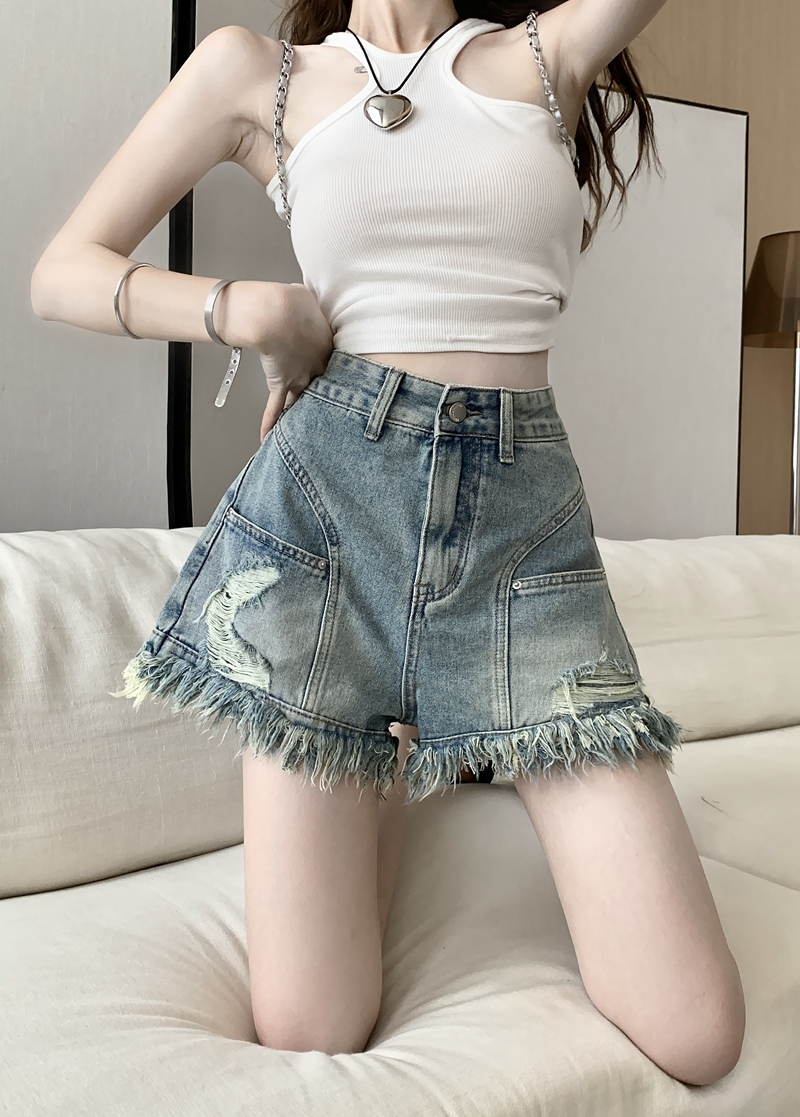 實拍#高腰牛仔短褲女復古顯瘦設計感破洞毛邊短褲子
