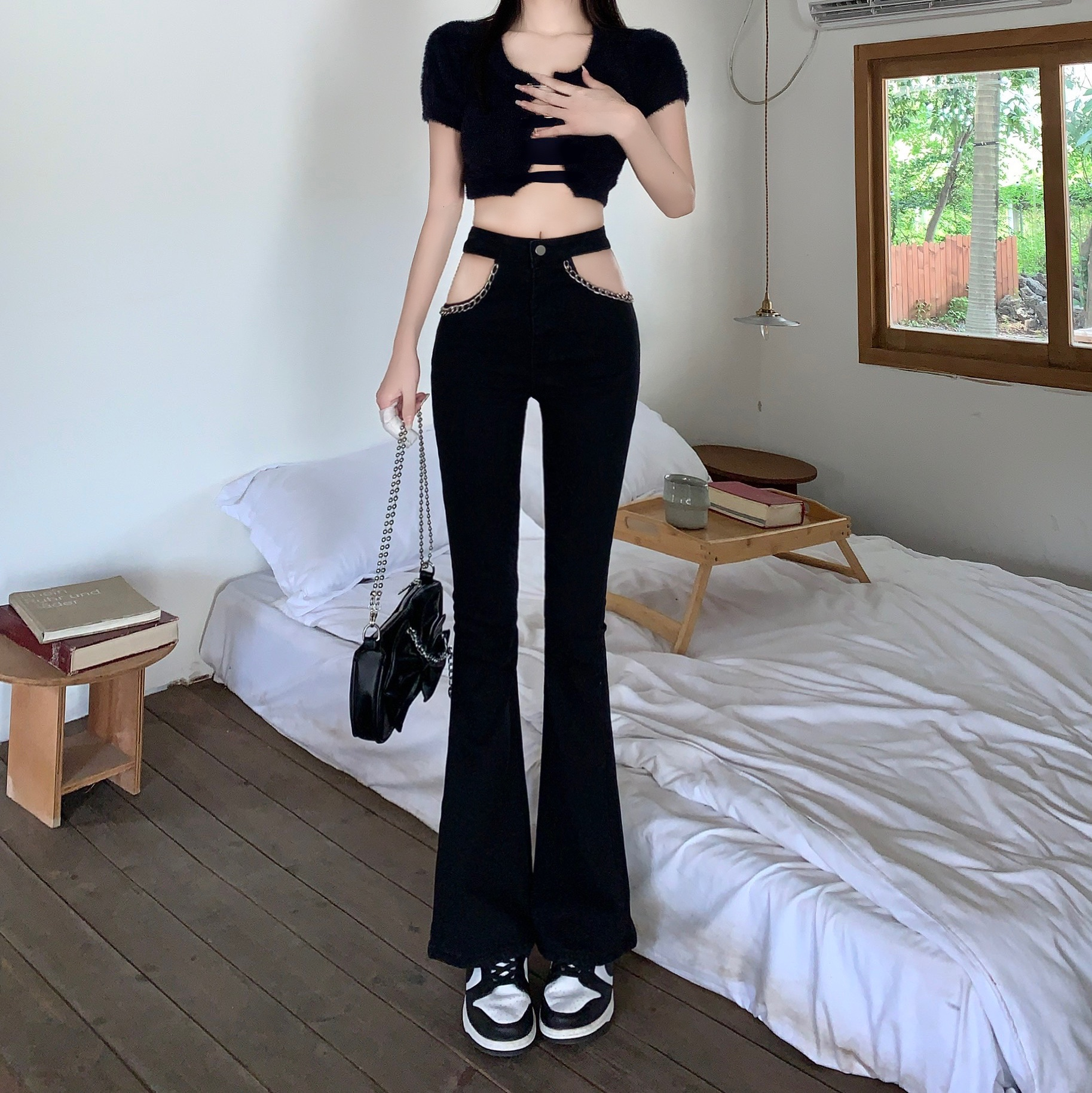 實拍~神褲/喇叭牛仔褲女夏季復古黑色顯瘦辣妹微喇褲