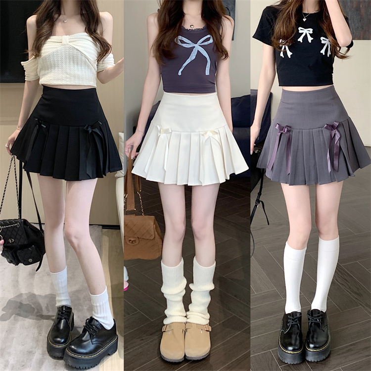 實拍 ~甜美風蝴蝶結百褶灰色半身裙女高腰顯瘦A字西裝短裙