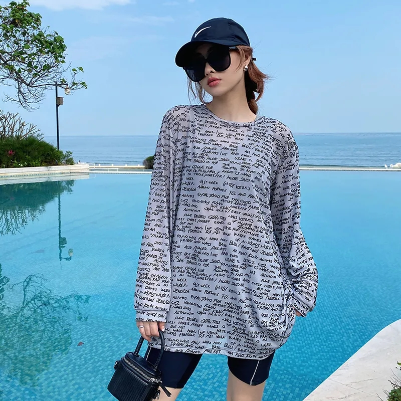 Plus size swimsuit for fat women 200 pounds, split three-piece set, long-sleeved blouse, three-quarter pants to cover flesh, big breasts sports swimsuit