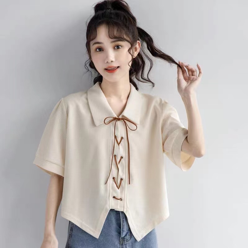 衫女綁帶設計感2024夏季新款華夫格襯衣polo領短款上衣