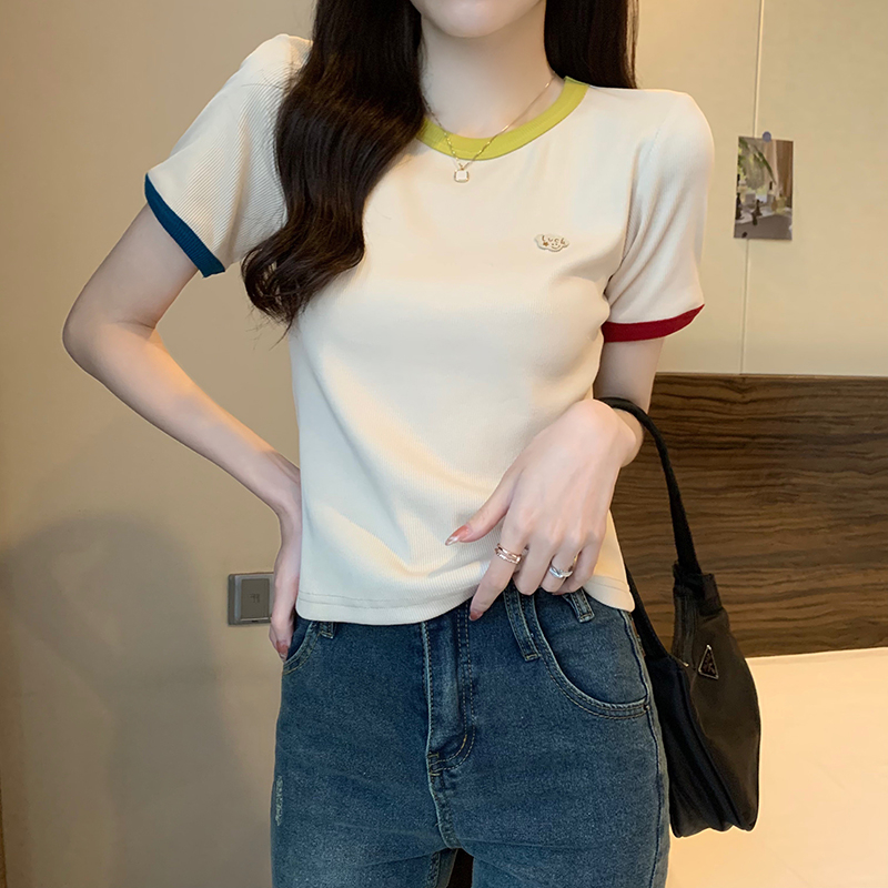 實拍 2024夏裝韓版寬鬆2*2螺紋圓領拼色修身短款短袖T恤女