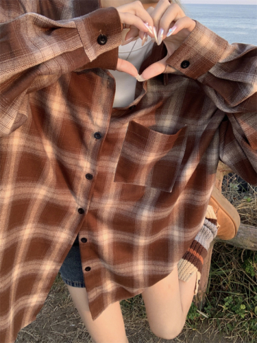 Actual shot ~ American retro Maillard contrast plaid long-sleeved loose shirt