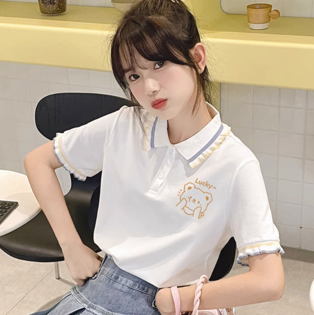 Junior high school girl polo shirt short-sleeved student summer girls and older children versatile lapel design right shoulder T-shirt top