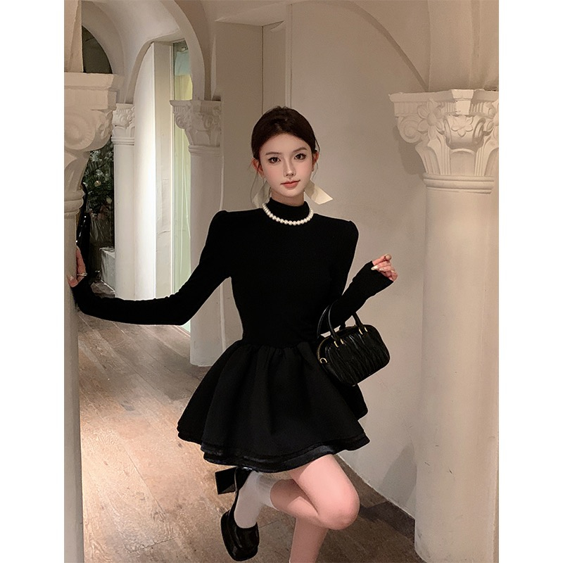 高級感黑色氣質針織連衣裙子女春秋季新款小個子氣質內搭打底短裙