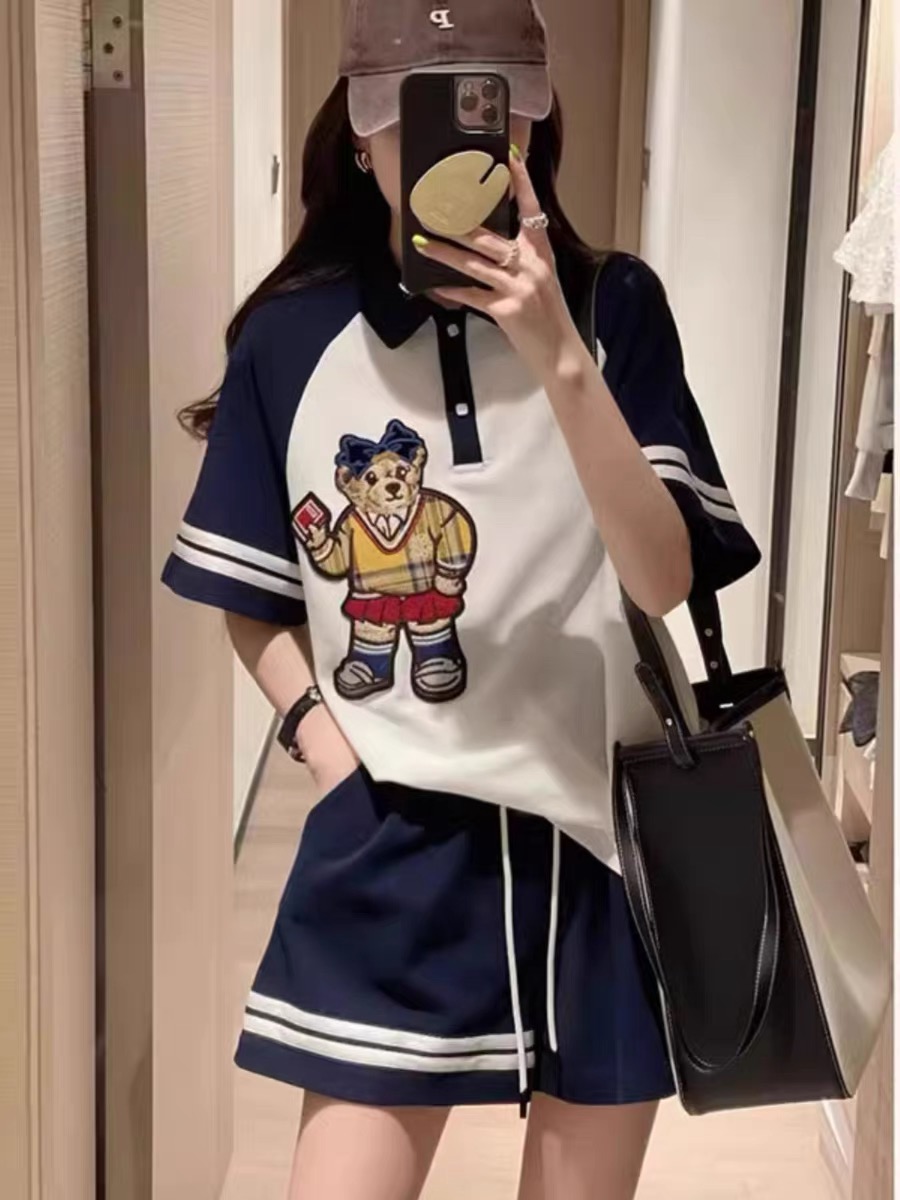 時尚休閒套裝女夏季小個子潮牌減齡印花小熊Polo衫短袖短褲兩件套