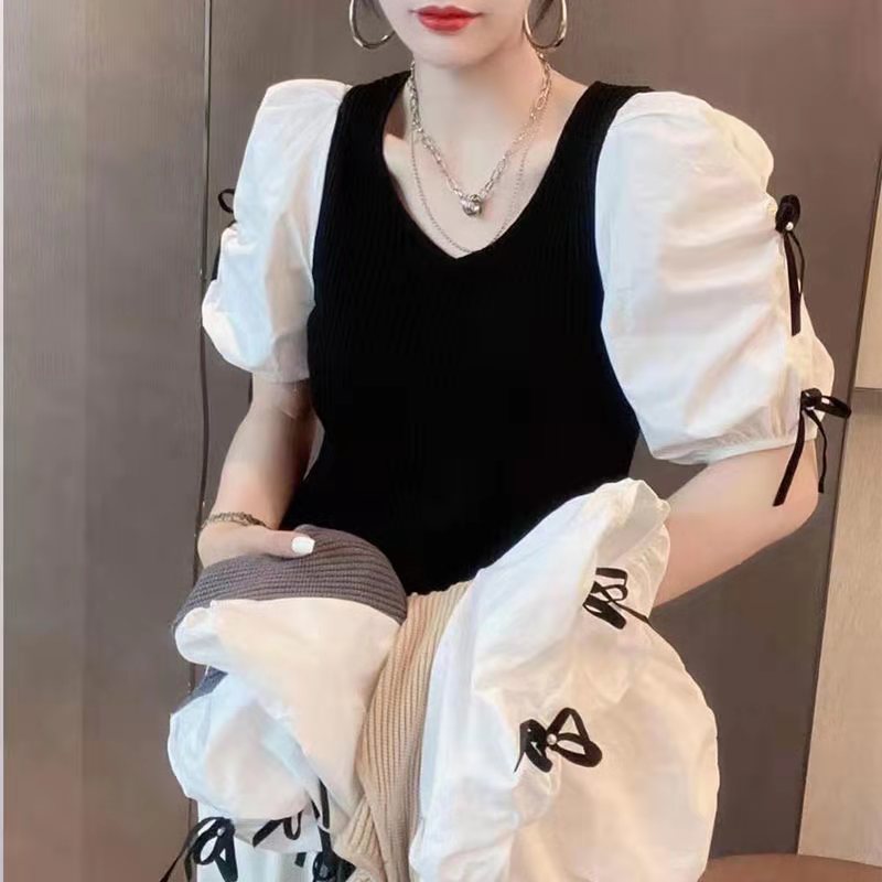 拼接泡泡袖針織衫女裝設計感蝴蝶結羊毛衫短袖上衣修身顯瘦2024