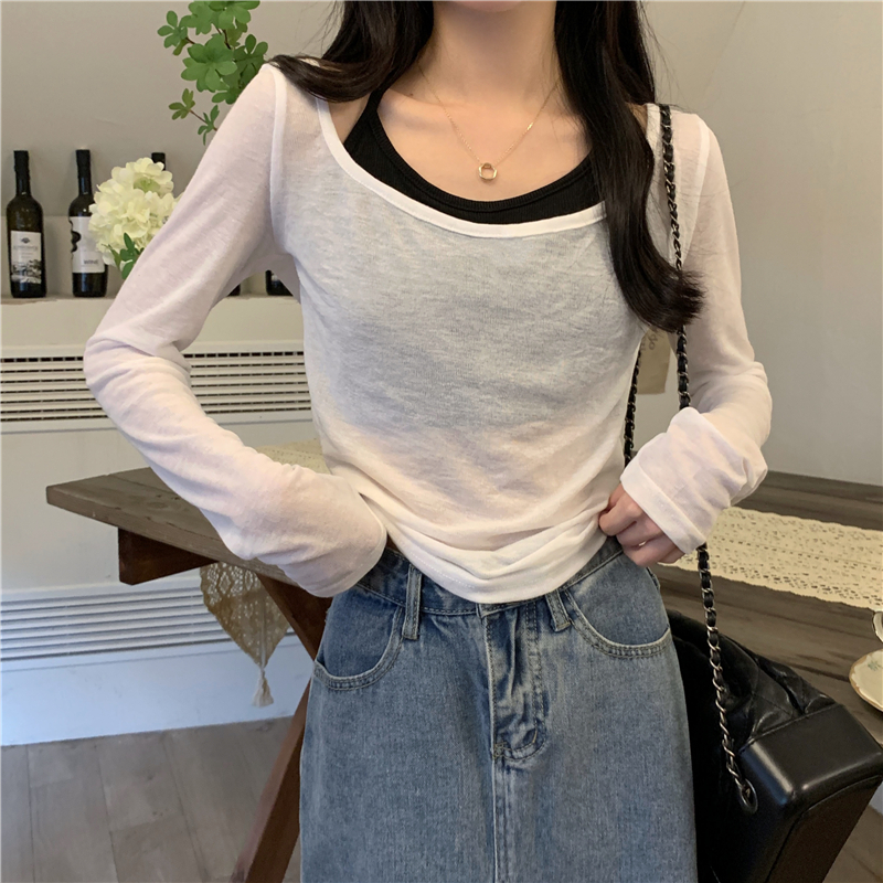 Real shot spring slimming fake two-piece long-sleeved T-shirt contrasting color stitching thin top for women