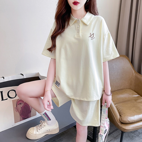 Real shot Summer Korean style loose 220g pure cotton POLO collar embroidered two-piece sports and leisure suit for women