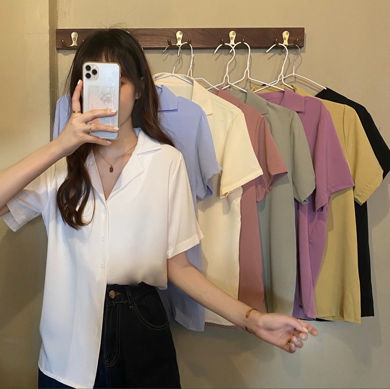 Actual shot of the new spring Korean style suit collar, lazy, sweet and salty, loose 8-color versatile short-sleeved shirt