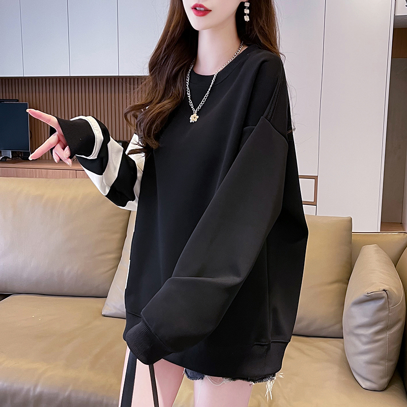 實拍 春季韓版寬鬆圓領條紋拼接中長款大碼薄款衛衣女