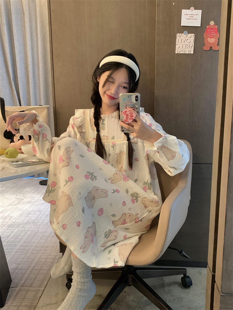 實拍樹皮皺2024年新款睡衣女長袖套裝休閒家居服甜美可愛