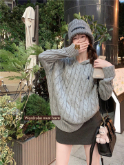Live shot~ Plus-size thick cabled knit top for women with embroidery, loose hooded turtleneck sweater + skirt two-piece set