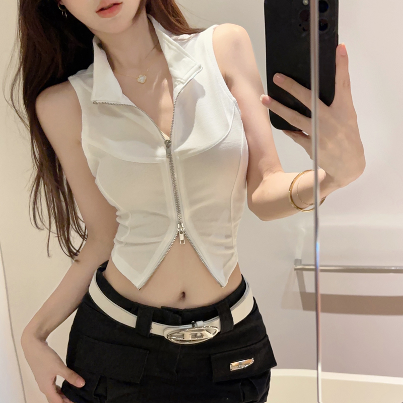 實拍 韓版設計感小眾拉鏈無袖修身顯瘦立領背心女上衣