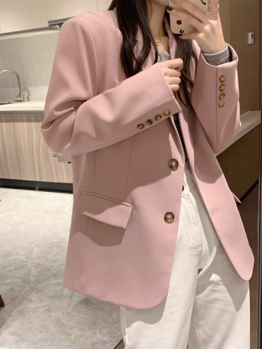 OKJJ Pink Blazer Women's 2024 Spring New Loose Pink Retro Shoulder Pad Suit Casual Top