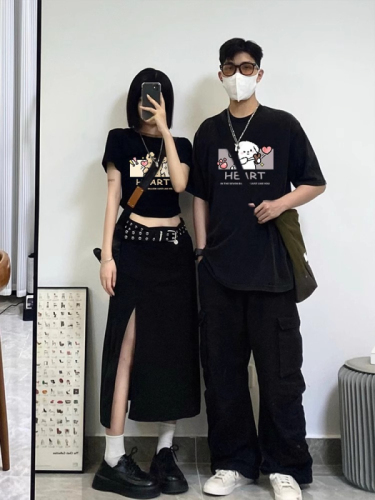 2024 new high-end summer couple T-shirt summer one long and one short sleeve clothes dopamine outfit set