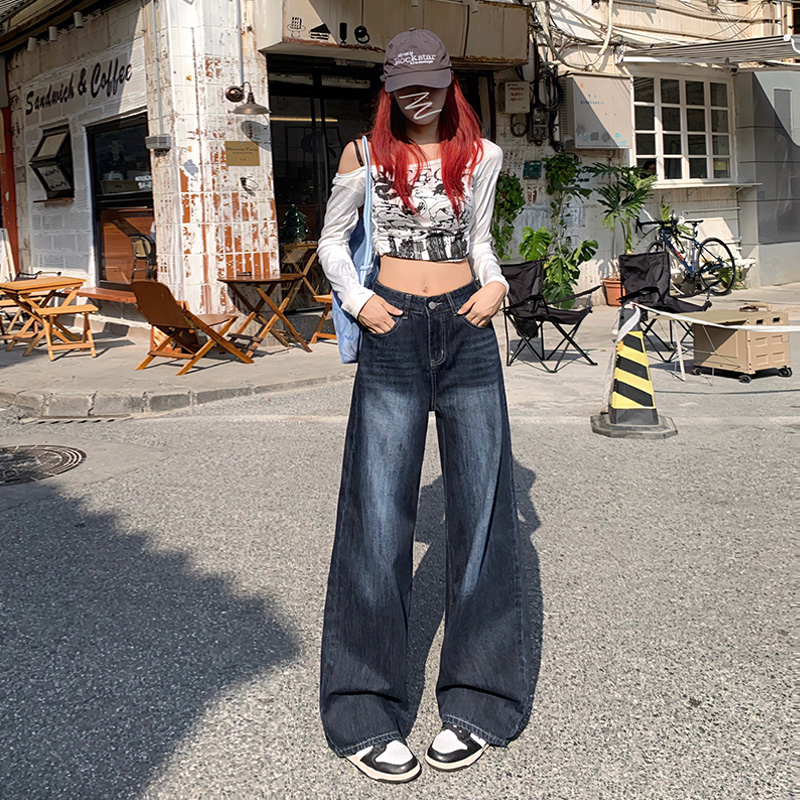 實拍 復古闊腿牛仔褲女2024年早春新款高腰寬鬆顯瘦垂感拖地褲