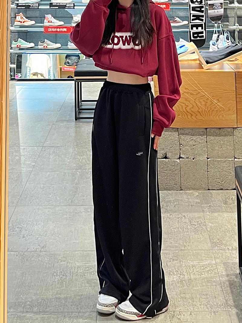實拍 春夏韓版美棉高質量寬鬆槓條高腰直筒S-4XL闊腿休閒運動褲女