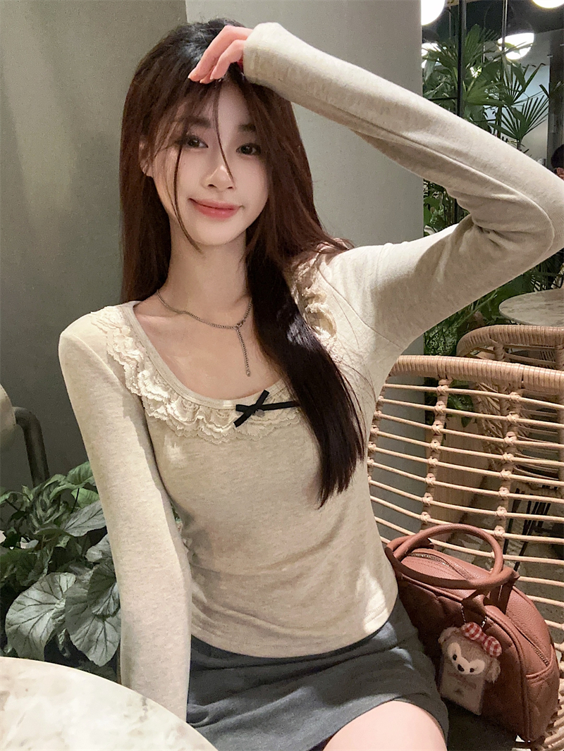 Actual shot: Pure Desire Lace Bottoming Sweater 2024 Early Spring Chic Slimming Short Top