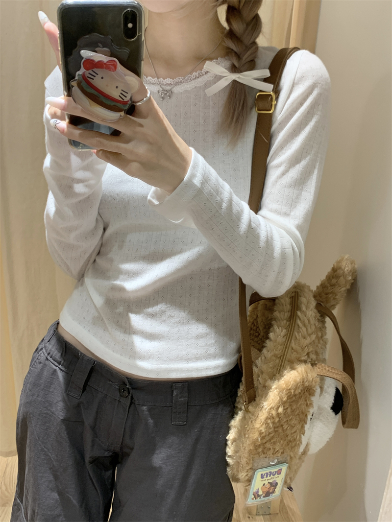 Real shot ~ Korean girl bm lace long-sleeved T-shirt with inner top