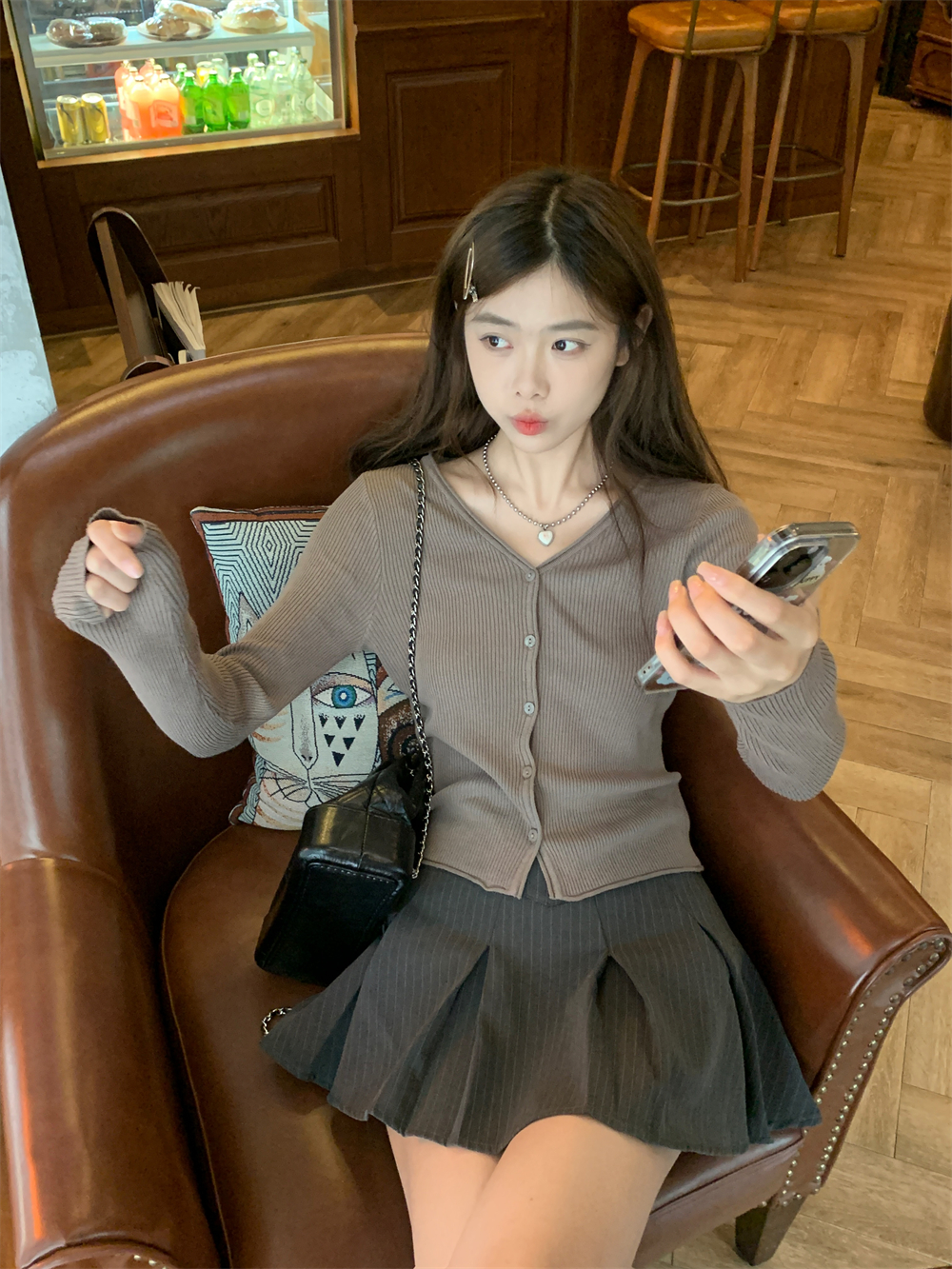 實拍春季短款V領針織開衫外套女百搭長袖上衣