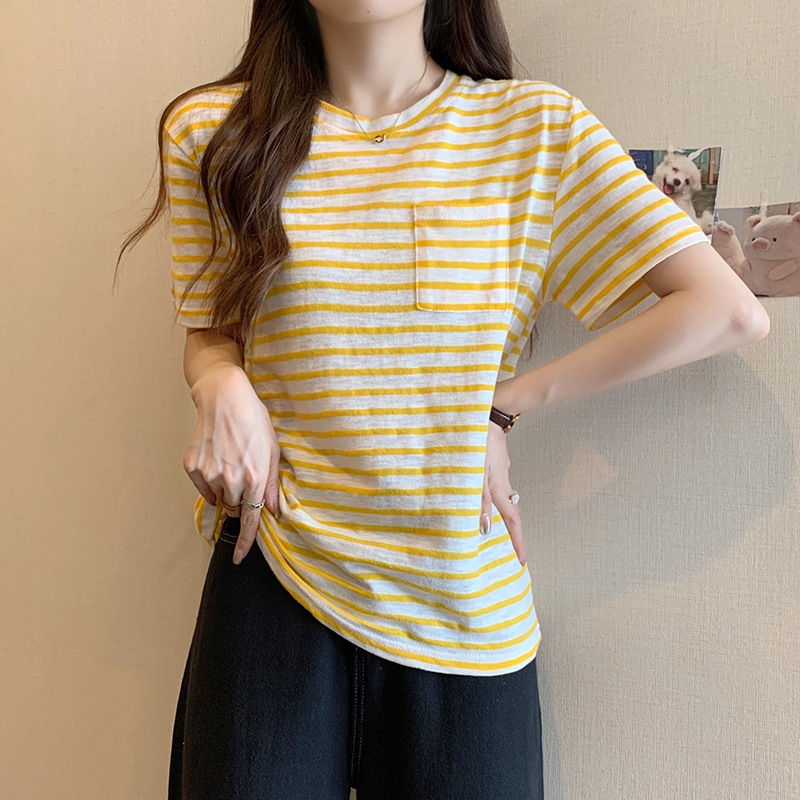 實拍 質量夏裝韓版寬鬆圓領條紋口袋簡約大碼短袖T恤女