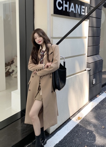 Actual shot of autumn and winter loose slim fit long-sleeved windbreaker suit collar long cardigan slit jacket for women