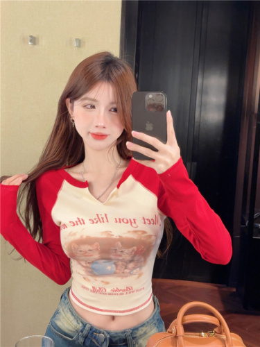 Real shot ~ hot girl American retro T-shirt women's spring slim dopamine wear raglan long-sleeved short top