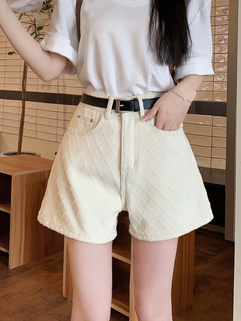 實拍#新款高腰牛仔短褲女提花設計感寬鬆直筒辣妹褲子