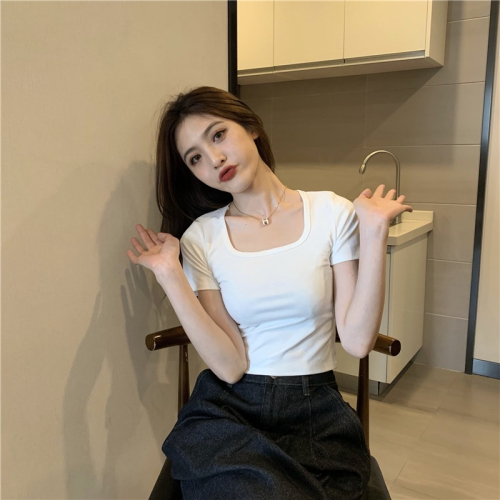 Pure cotton square neck short-sleeved T-shirt for women summer ins short slim fit sweet spicy belly button exposed chic top trendy