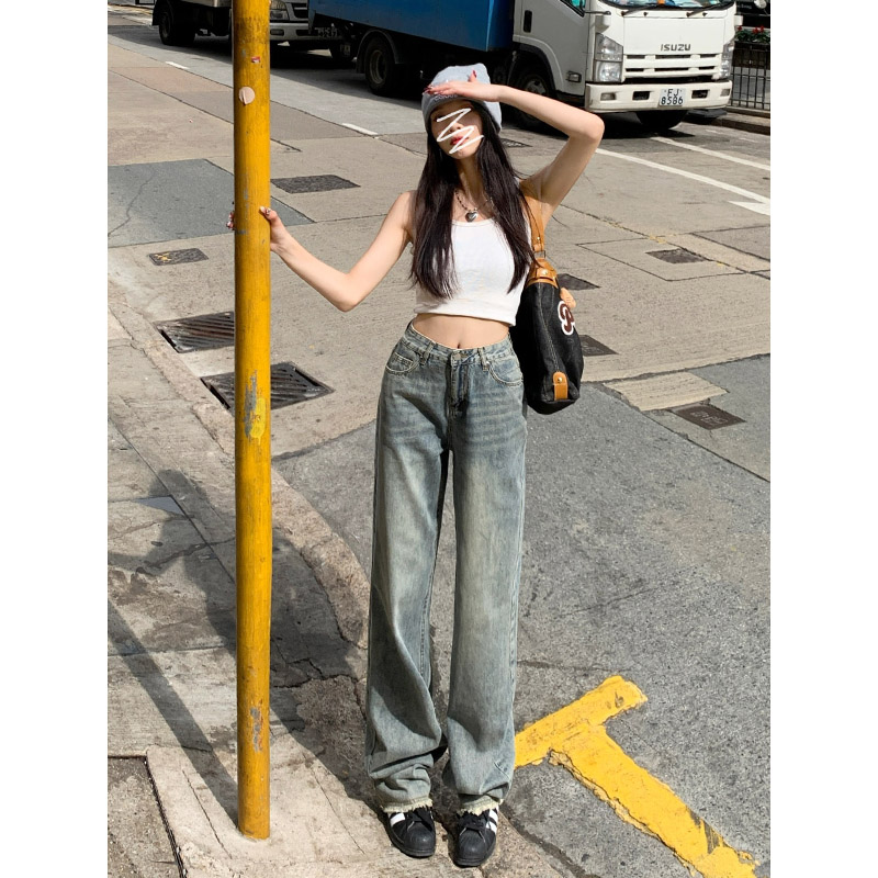 實拍2024年春夏高腰新款懷舊毛邊牛仔褲女寬鬆闊腿拖地褲