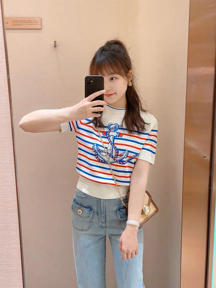 2024年夏海中夢夏島航海風兩穿冰絲短袖彩虹條紋針織衫女P126803E