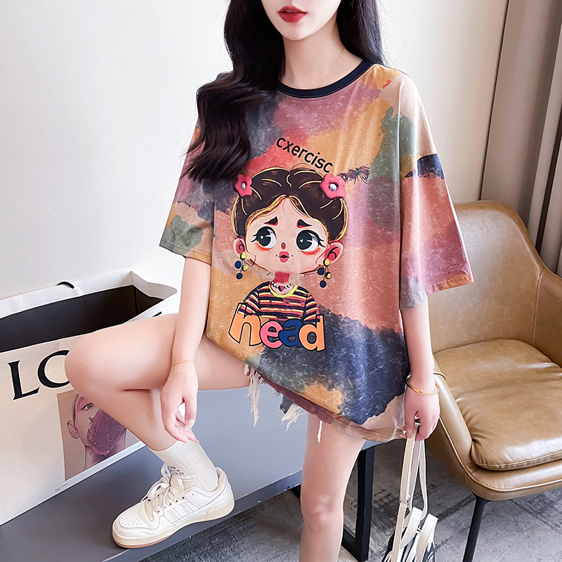 實拍 夏裝韓版寬鬆純棉趣味印花中長款大碼短袖T恤女