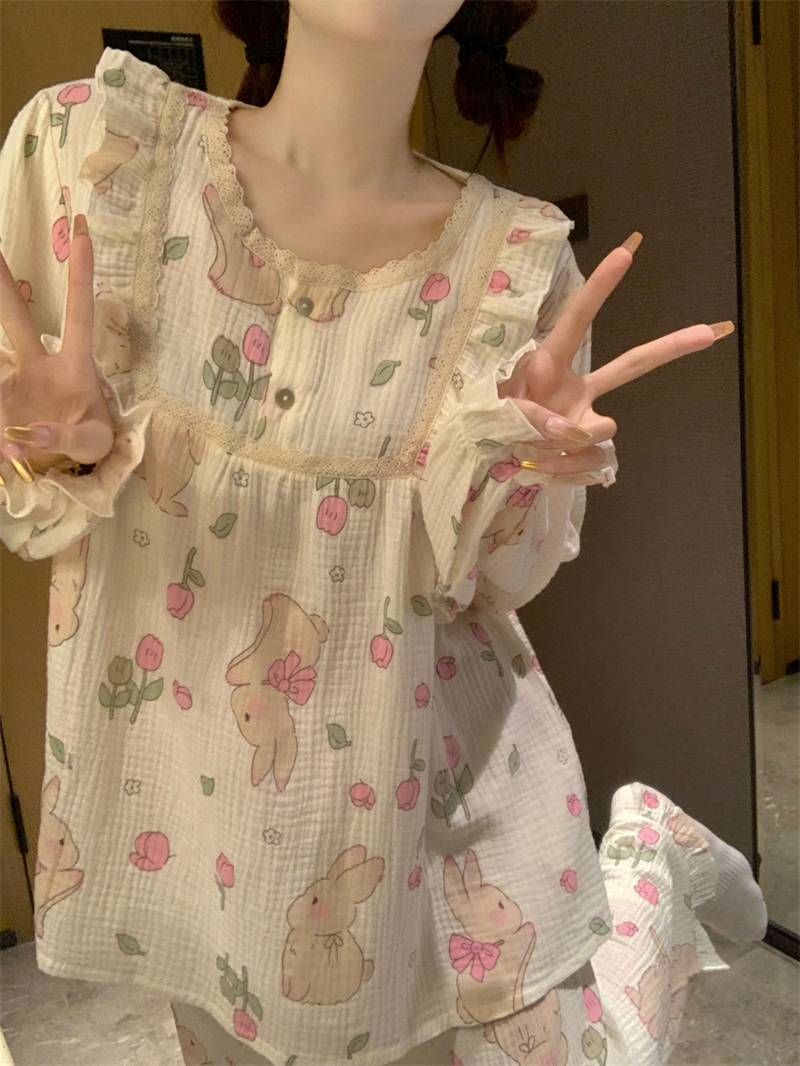 實拍樹皮皺 2024年新款睡衣女長袖套裝休閒家居服甜美可愛