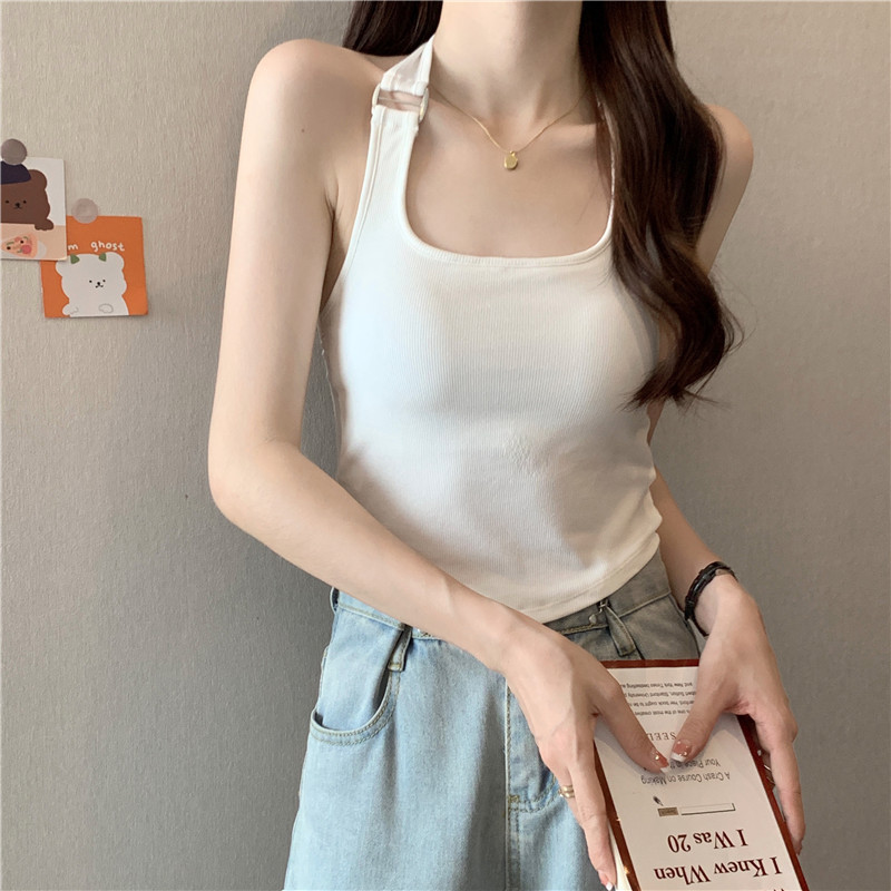 實拍~不規則吊帶背心時尚掛脖女帶胸墊外穿短款無袖上衣