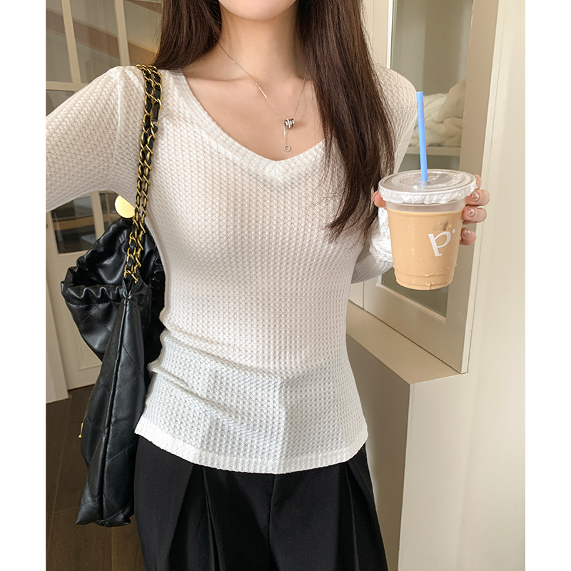 Actual pictures of slim fit and versatile waffle stretch V-neck long-sleeved T-shirt for women spring 2024 new inner top
