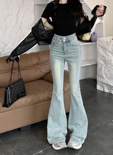 Real shot of American high-waisted stretch embroidered bootcut stretch jeans