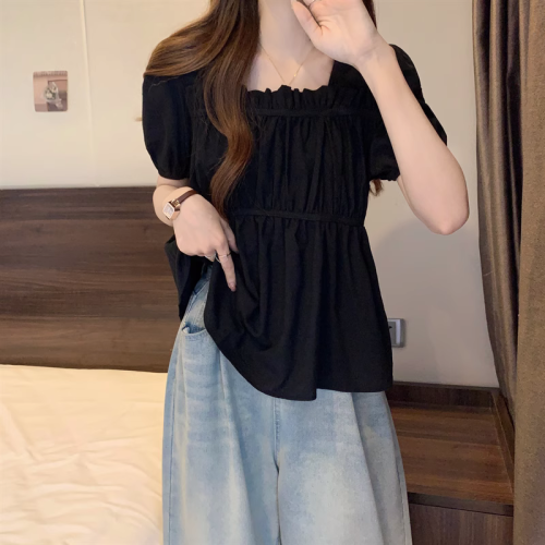 Cotton and linen fabric original method for obese women to show slimming and hide the flesh design pleated and wrinkled chic T-shirt