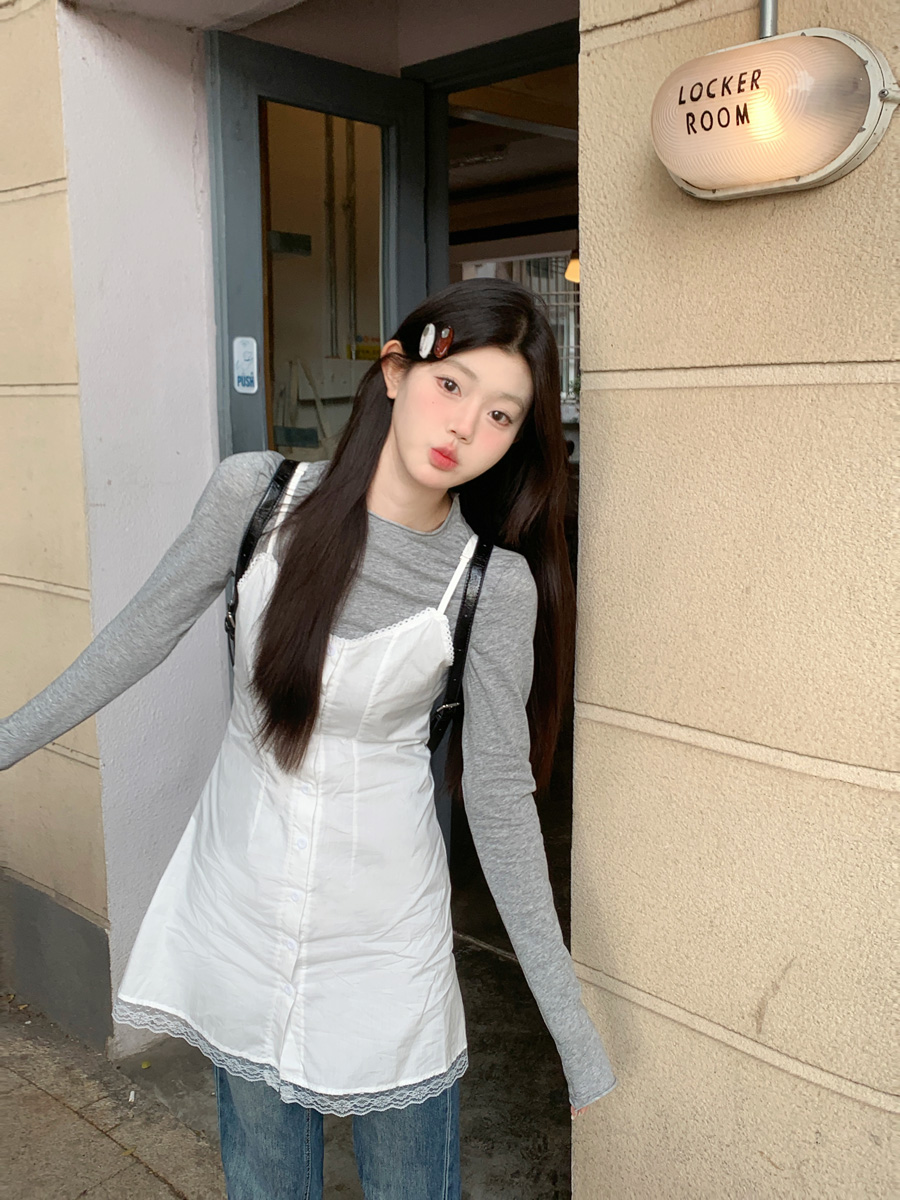 實拍~春季純欲辣妹長袖T恤百搭打底衫+甜美吊帶裙疊穿連衣裙