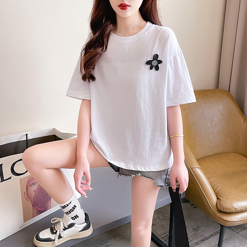 實拍 21支精梳爽棉夏裝韓版寬鬆插肩袖圓領印花短袖T恤女