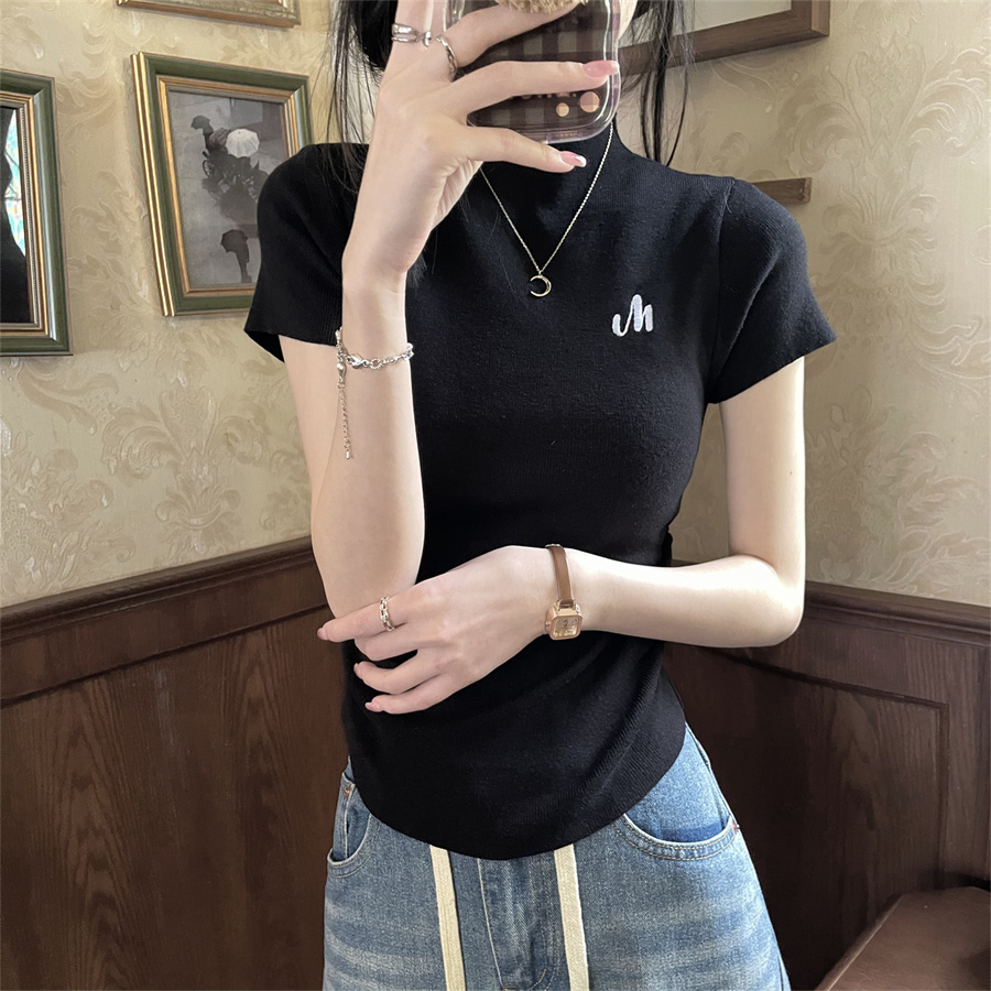 實拍美式針織刺繡半高領短袖t恤女夏修身短款甜辣妹上衣